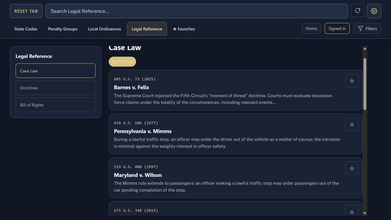 Case-law cards grouped by Traffic Stops in the guide