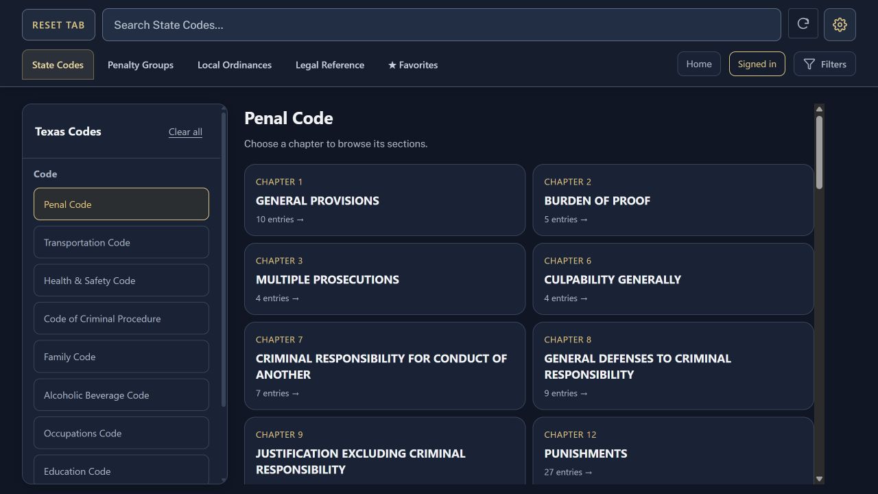 Texas Penal Code chapter navigation and chapter cards in the guide