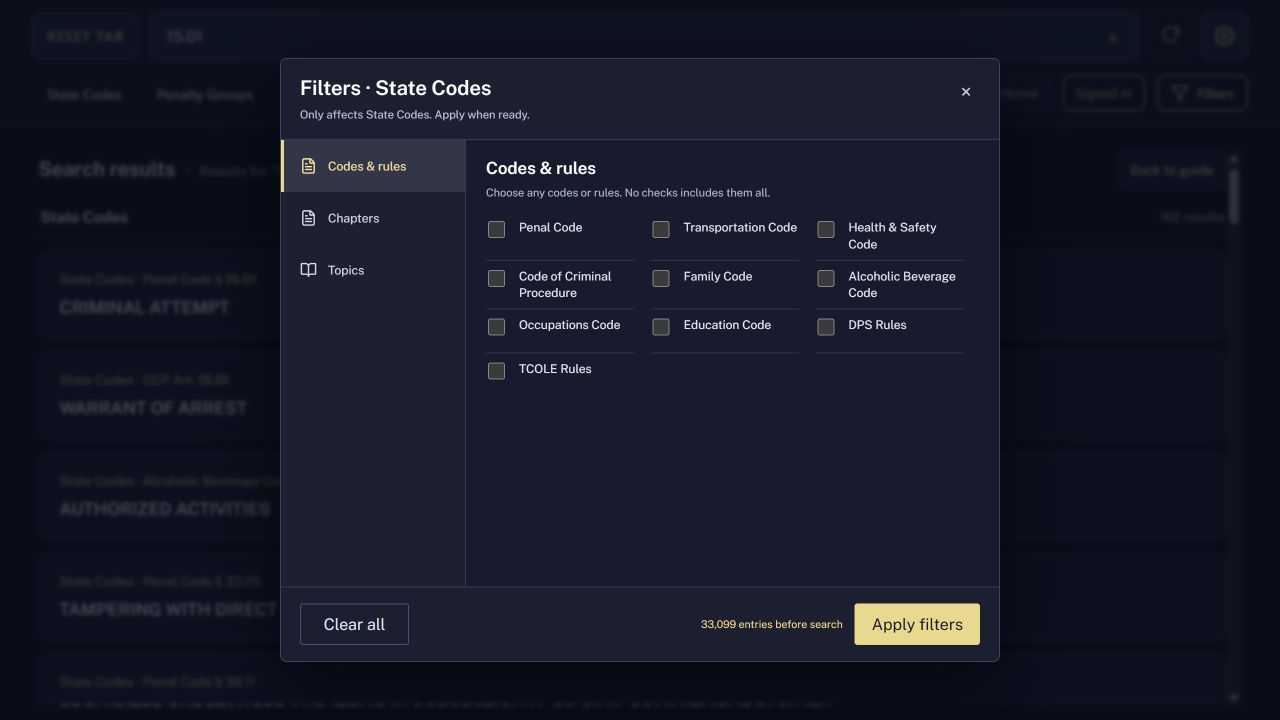 Checkbox filters for Texas state codes and rules in the guide