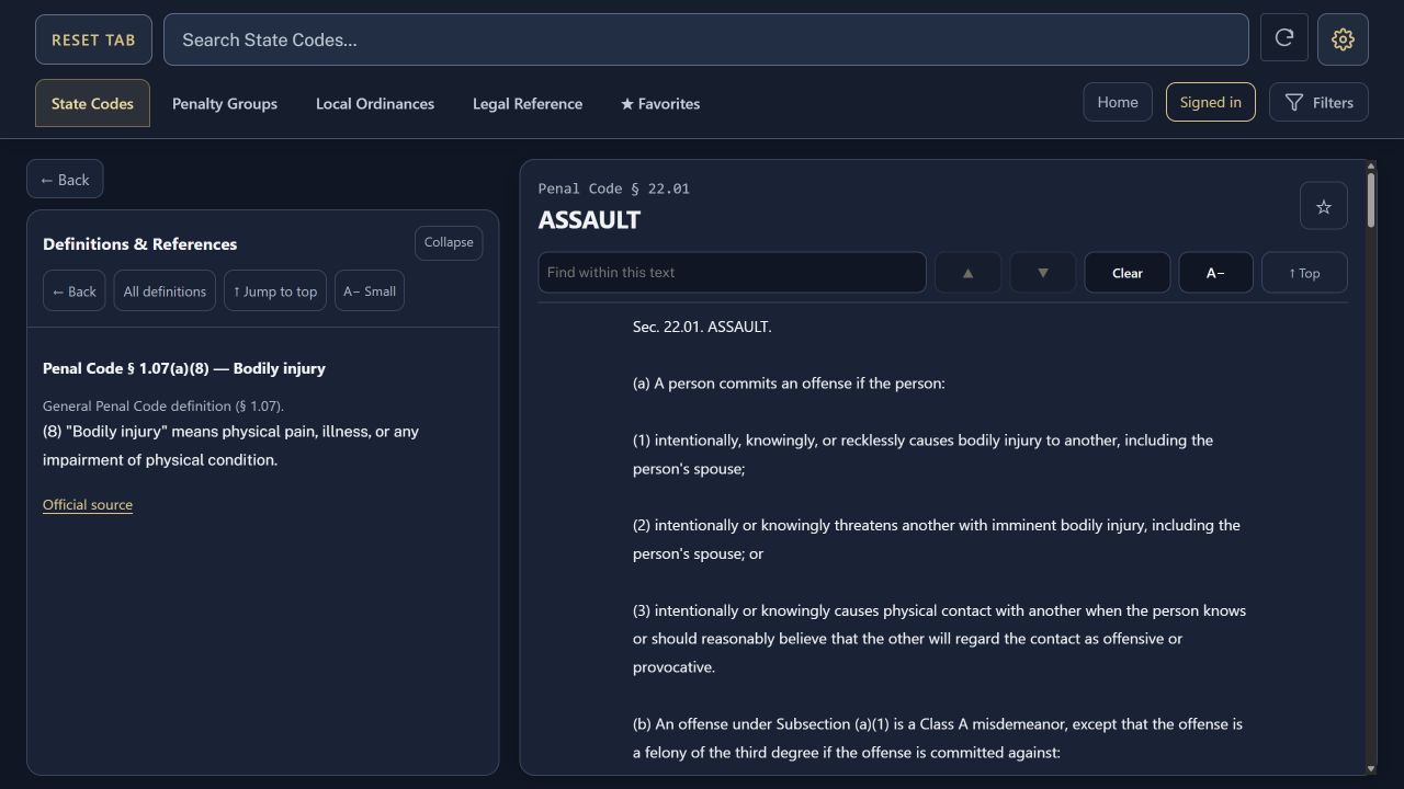 Texas Penal Code section beside its linked definitions in the guide